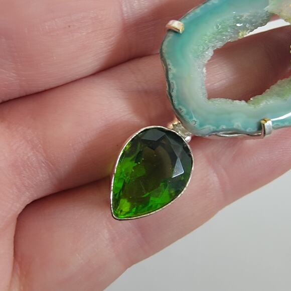 Handmade Silver Pendant with Green Druzy Agate, Pearl & Chrome Diopside - Picture 7 of 10